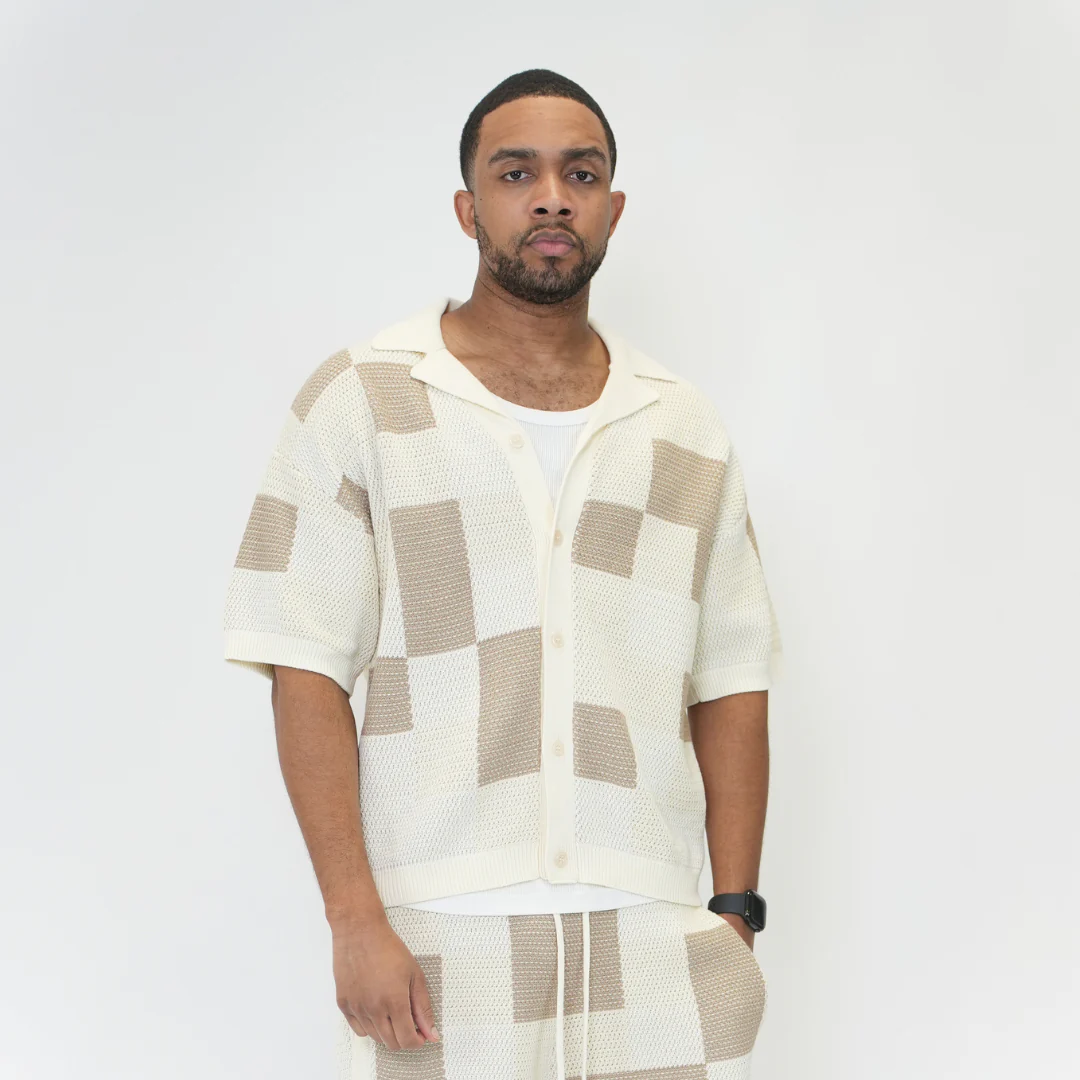the crochet-knit checkered shirt - crème - Image 3