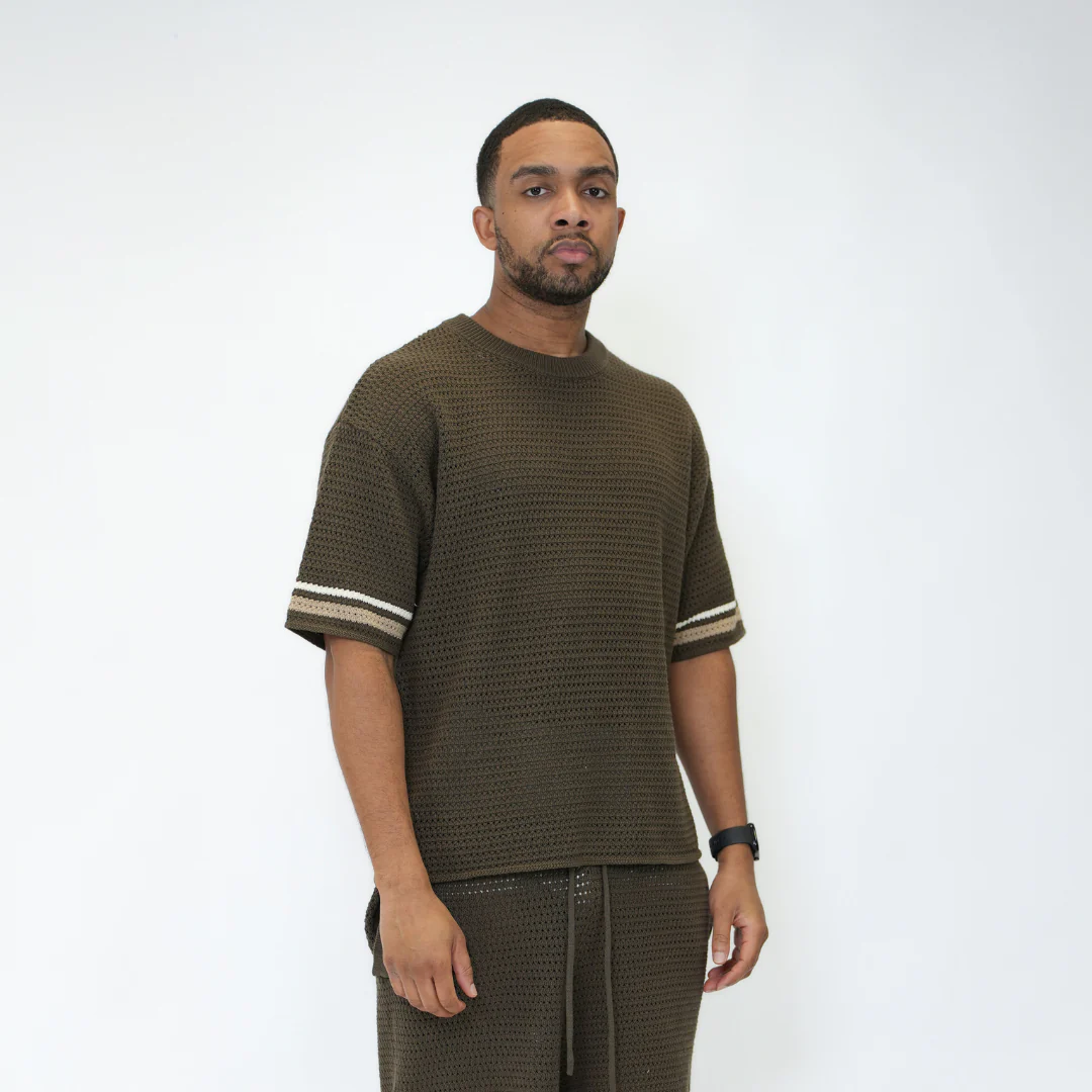 the crochet-knit striped tee - brown - Image 2